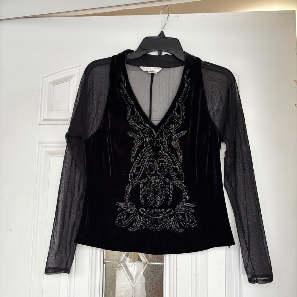 Beaded Black Mesh Long Sleeve Top Size 10